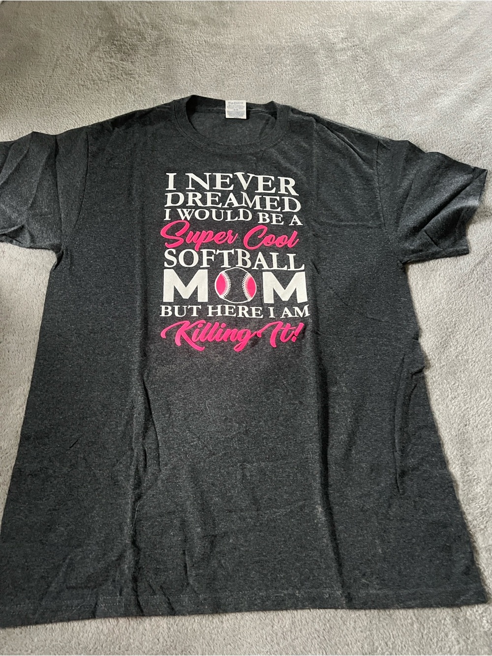 Jerzees dark gray Tee with White and Pink Softball Mom Graphic